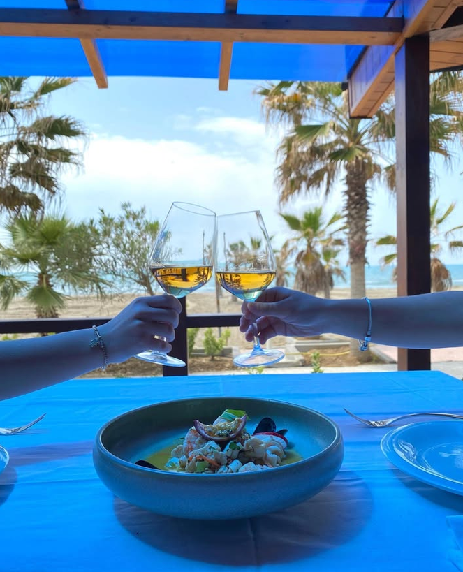 Guests raising a toast over a seafood dish